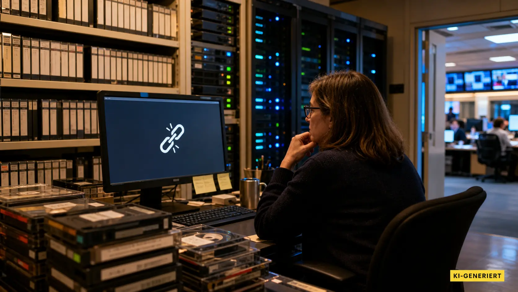 Eine Archivarin sitzt zwischen Videobändern und Servern vor einem Bildschirm mit unterbrochener Datenverbindung.