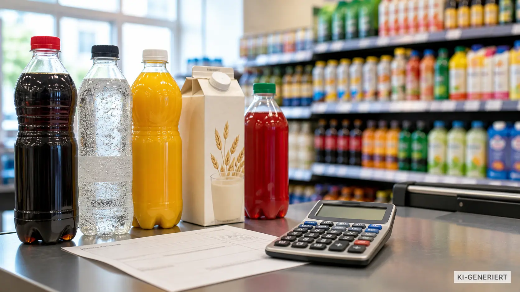 Verschiedene unmarkierte Getränke stehen neben Taschenrechner und Steuerunterlagen an einer Supermarktkasse.
