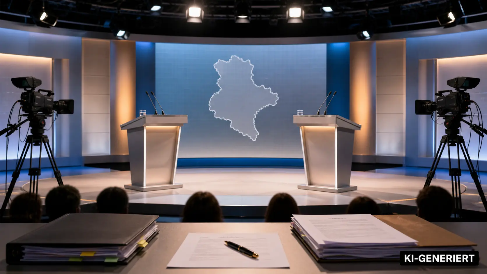 Symbolische TV-Duell-Szene mit zwei Rednerpulten, Sachsen-Anhalt-Kontur und Diagrammen zu Umfrage und Energiepreisen.