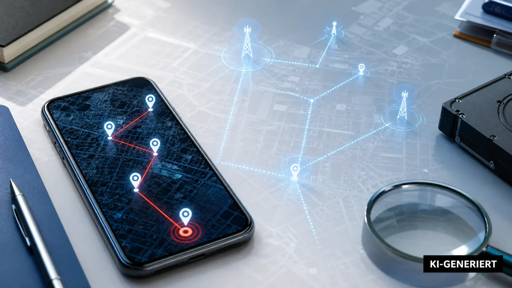 Smartphone mit eingehendem Anruf vor abstrahierten Mobilfunk-Signalen und eingeblendeten technischen Gerätekennungen.