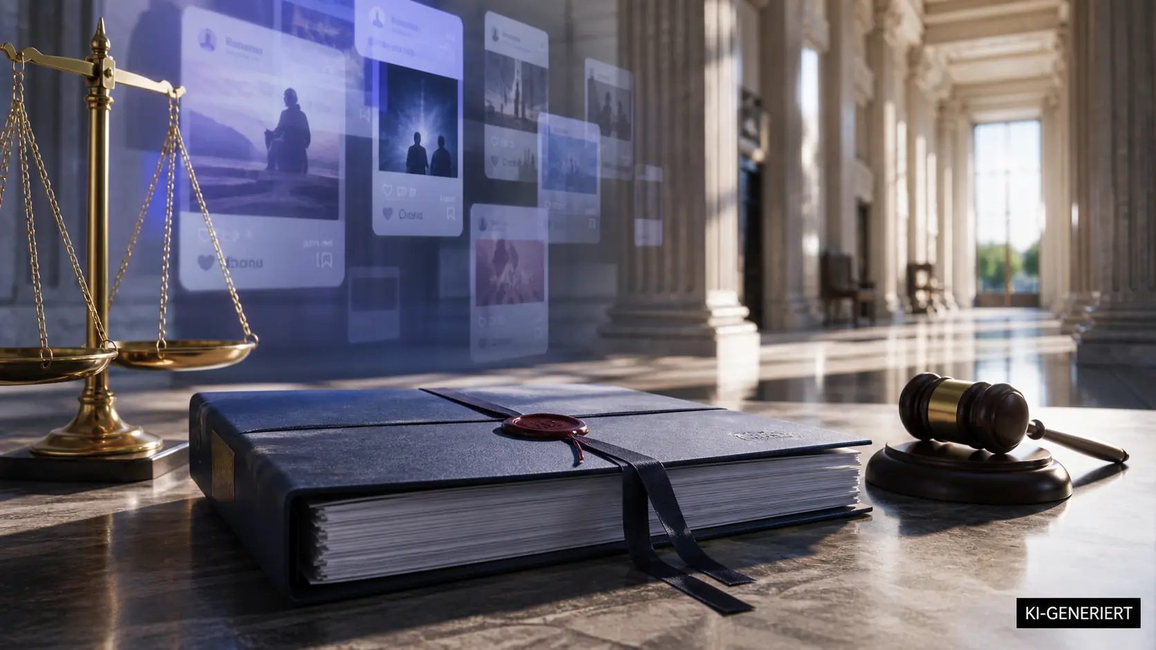 Smartphone mit abstrahierten Instagram- und Facebook-Oberflächen neben einer Waage mit den Zahlen 12,1, 17,1 und 18 Milliarden Dollar.