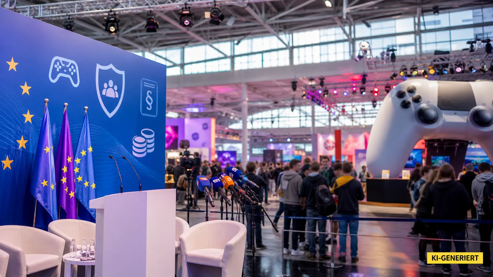 Blick auf eine farbenfrohe Games-Messe mit Deutschland-Silhouette, einer großen Zahl 5 und einem kleinen Balken von 5,5 Prozent.