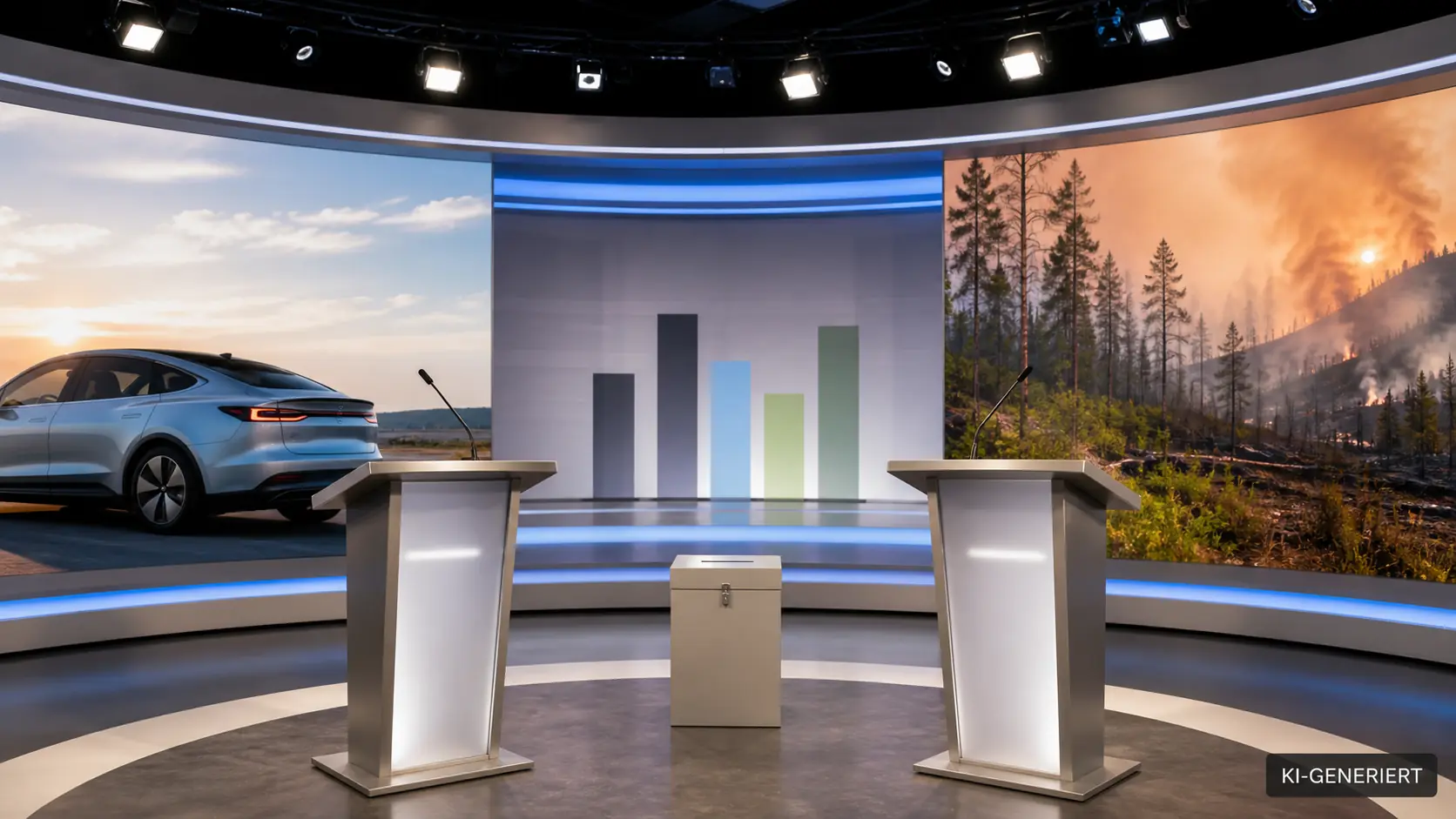 KI-generierte redaktionelle TV-Studio-Szene zu Sachsen-Anhalt-Wahl, Elektroauto und Waldbränden; sichtbar gekennzeichnet mit „KI-GENERIERT“.