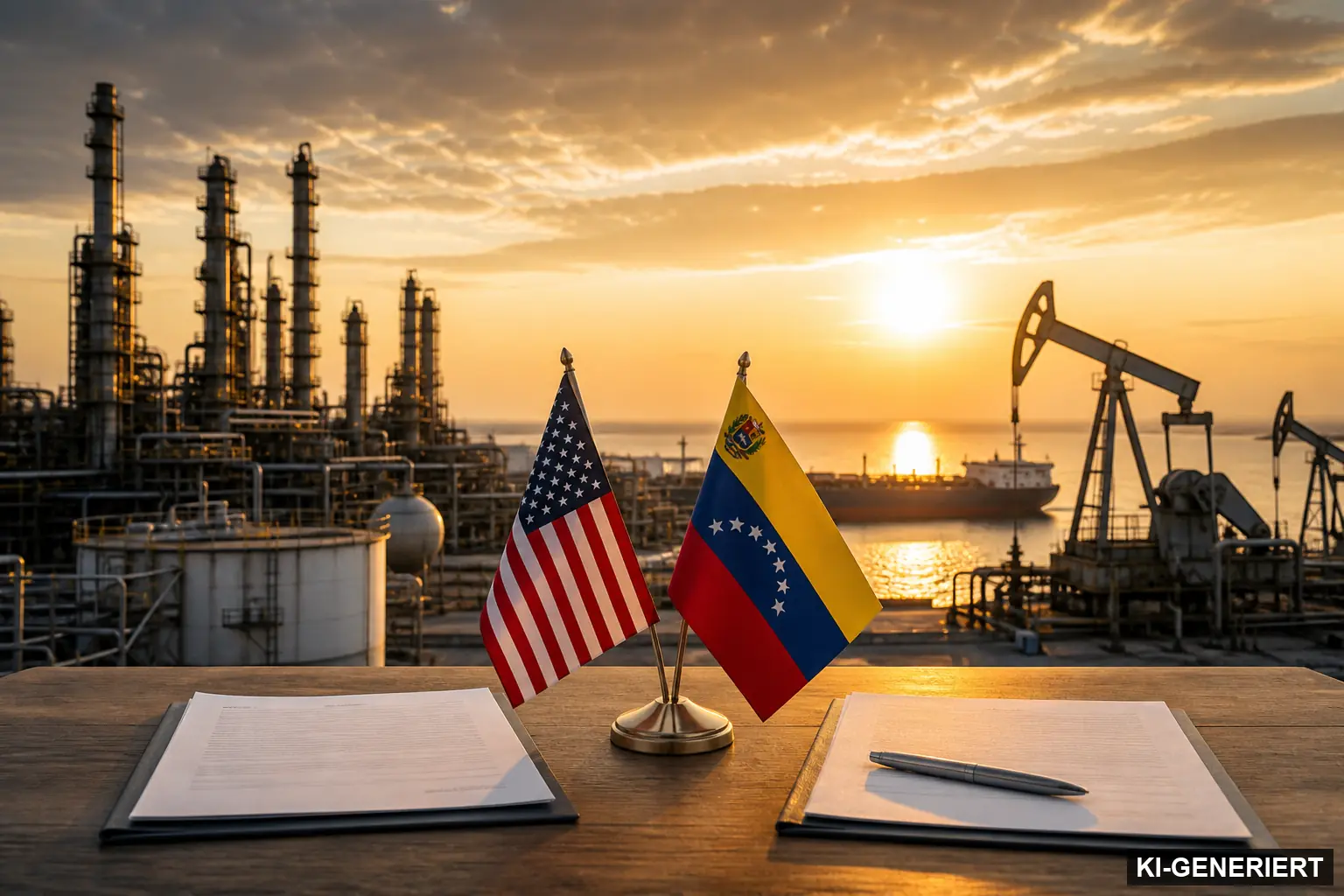 Redaktionelle KI-Illustration zum Öl-Abkommen zwischen Venezuela und den USA, sichtbar als KI-generiert gekennzeichnet.