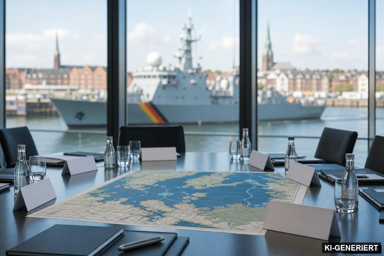 Redaktionelle KI-Illustration zum internationalen Sicherheitsgipfel in Flensburg, sichtbar als KI-generiert gekennzeichnet.