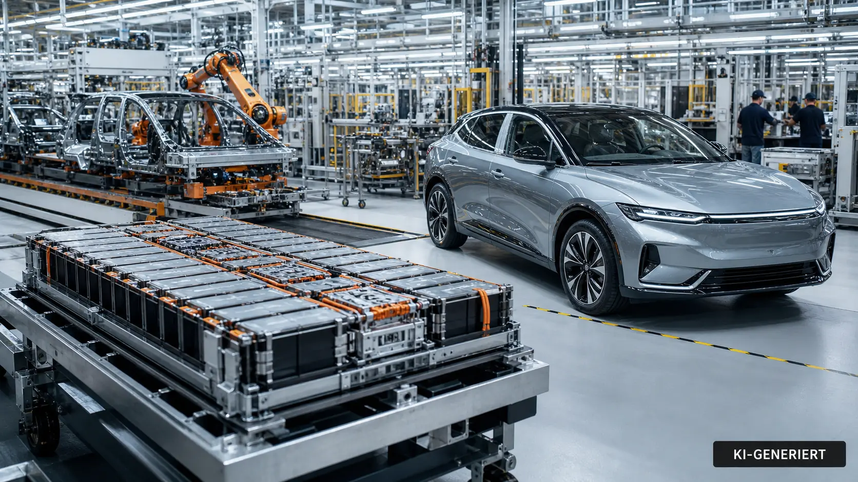 KI-generierte redaktionelle Darstellung einer modernen Automobilproduktion mit Batterie, Softwaredisplay und internationalen Handelsrouten