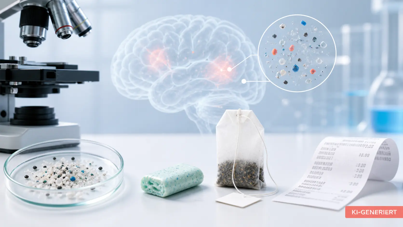 Redaktionelle KI-Illustration zu Mikroplastik-, Kaugummi-, Teebeutel- und Kassenbon-Behauptungen im Alzheimer-Kontext, sichtbar als KI-generiert gekennzeichnet.