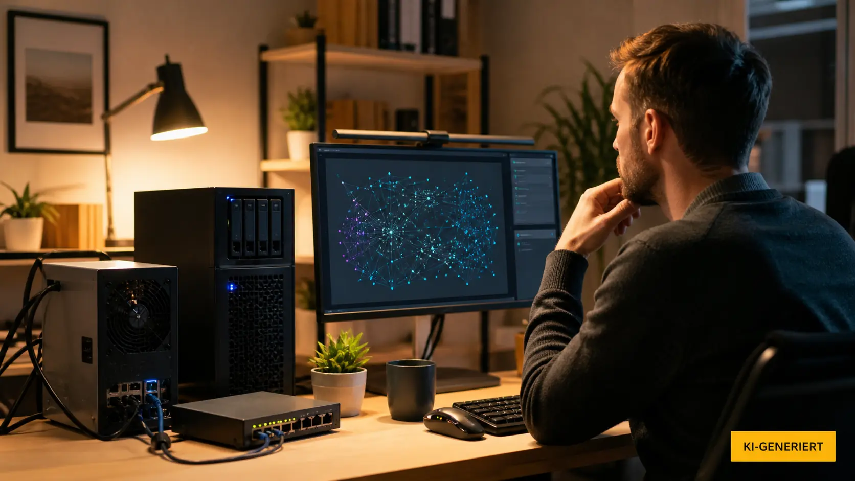 Redaktionelle KI-Illustration eines lokalen KI-Systems auf eigener Computerhardware, sichtbar als KI-generiert gekennzeichnet.