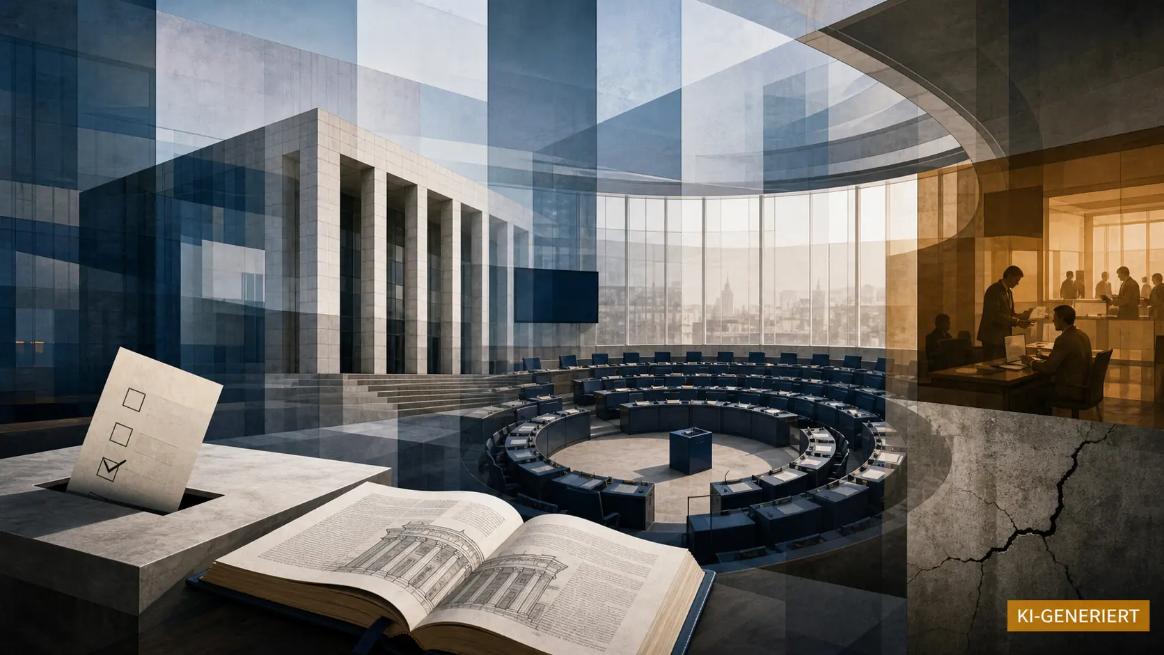 Redaktionelle KI-Illustration zu demokratischen Institutionen unter einer rechtsaußen geführten Regierung, sichtbar als KI-generiert gekennzeichnet.