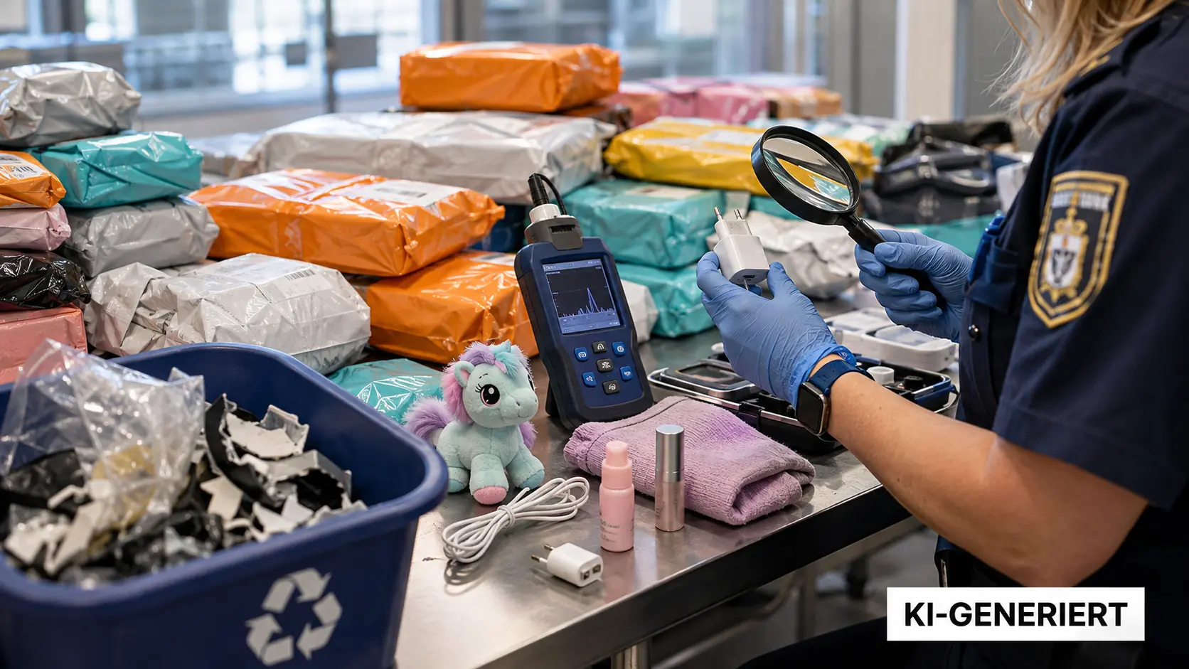 Symbolische Darstellung von Billigpaketen, Kosmetik-Labortest und Produktsicherheitsrisiken bei Onlineplattformen.