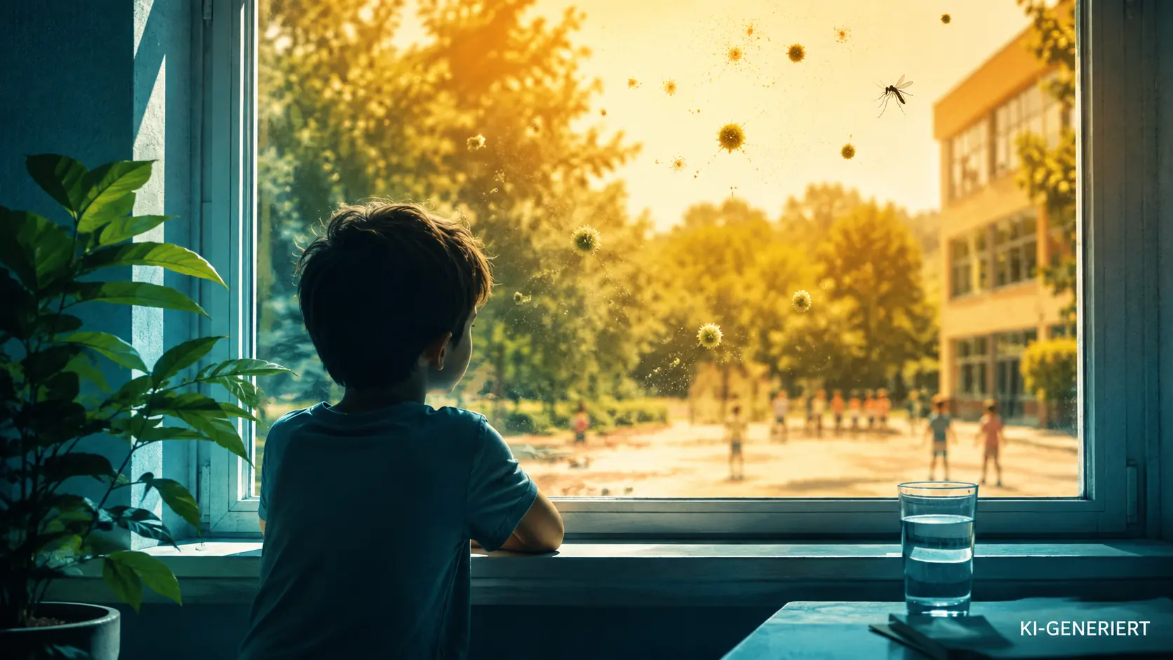 KI-generierte redaktionelle Illustration eines Kindes zwischen Hitze, Pollen und einer überhitzten Schule