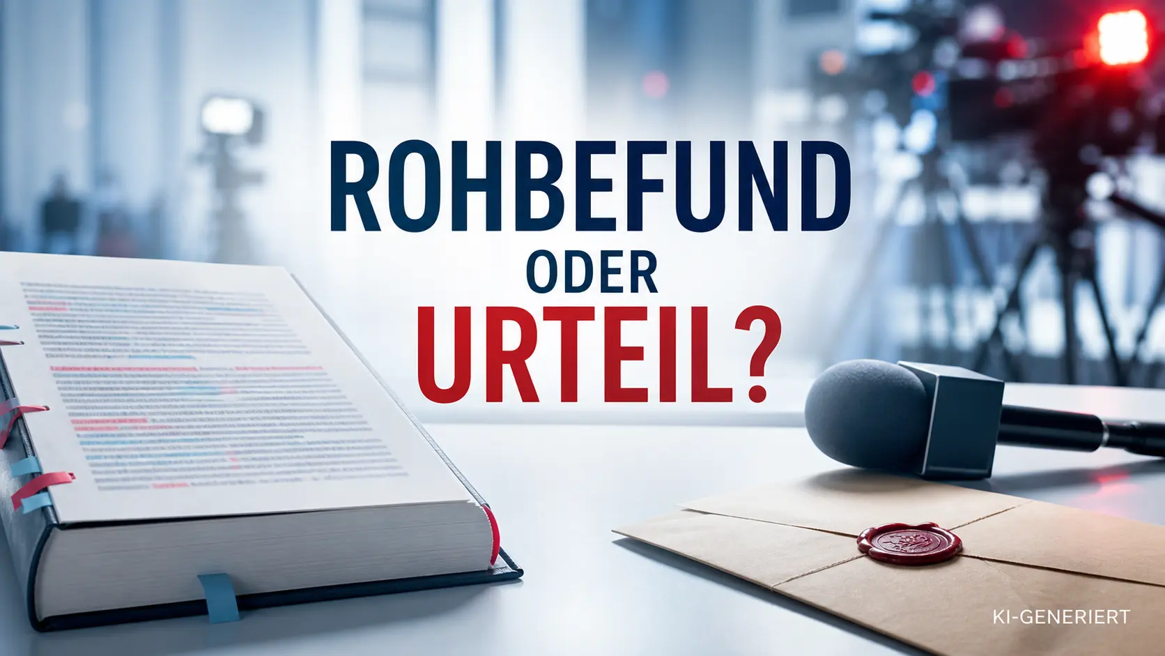 KI-generiertes Symbolbild zu bezahlten Plagiatsprüfungen mit Dissertation, Textmarkierungen, Honorarumschlag und Medienkameras