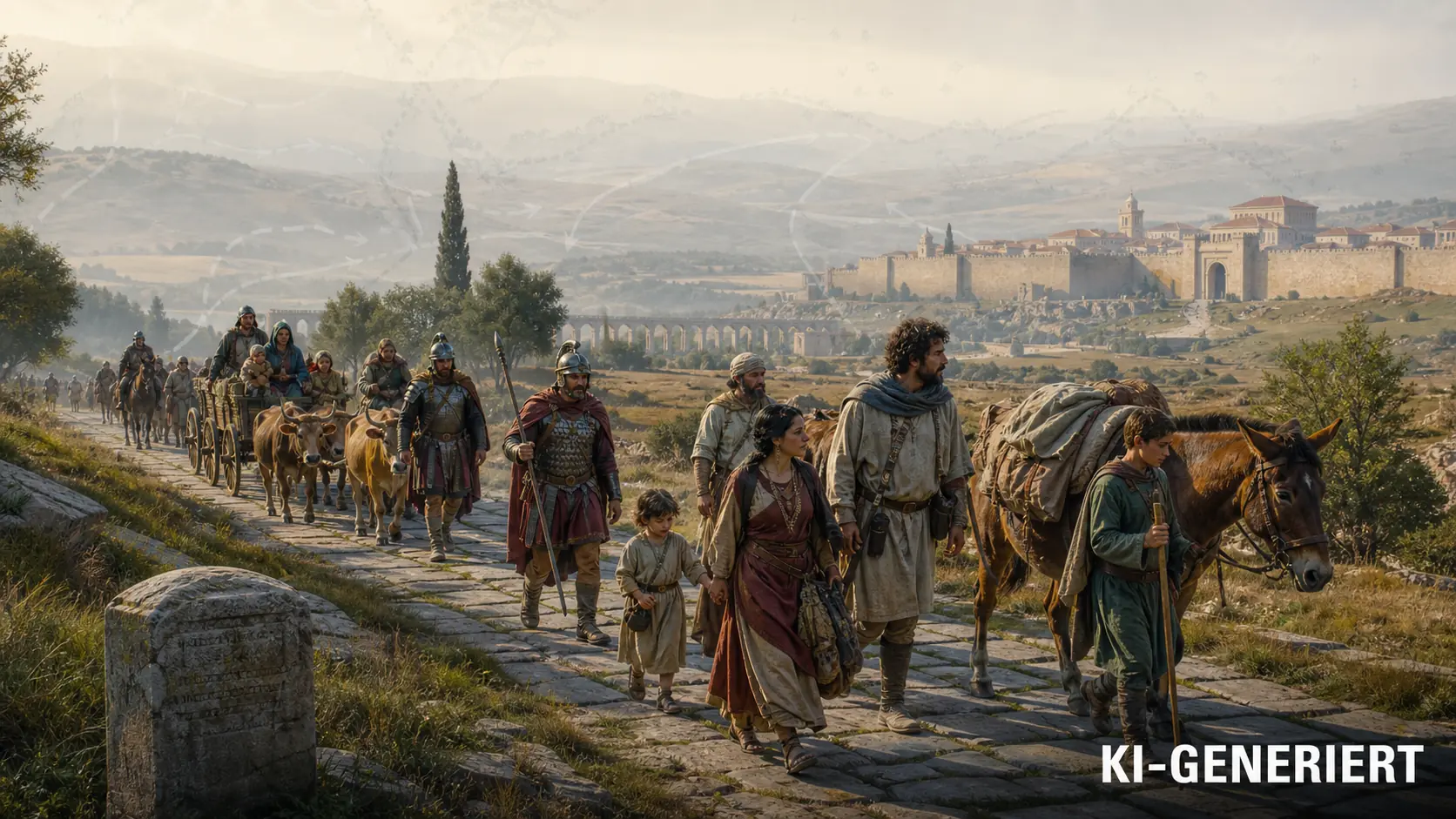 KI-generierte historische Rekonstruktion einer gemischten Reisegruppe der Spätantike an einer römischen Straße