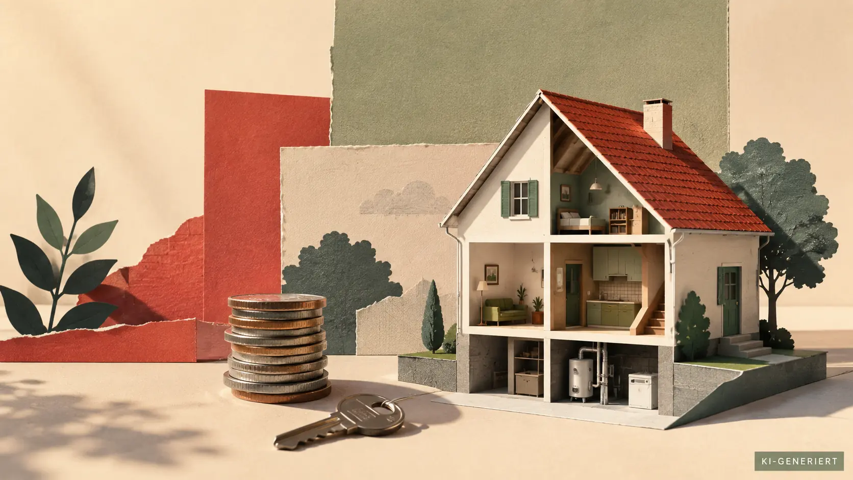 Symbolische Illustration eines Hauses mit aufgeschnittener Fassade, Münzen und einem Schlüssel.