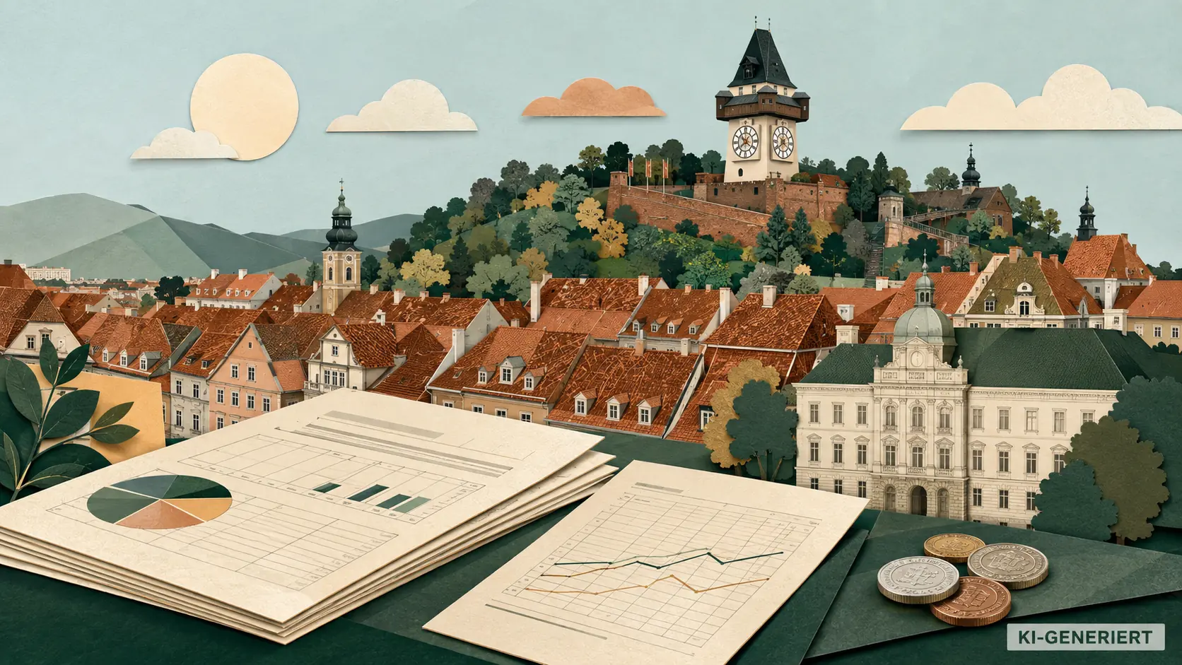 Papiercollage der Grazer Stadtansicht mit Uhrturm, Haushaltsunterlagen und Münzen.