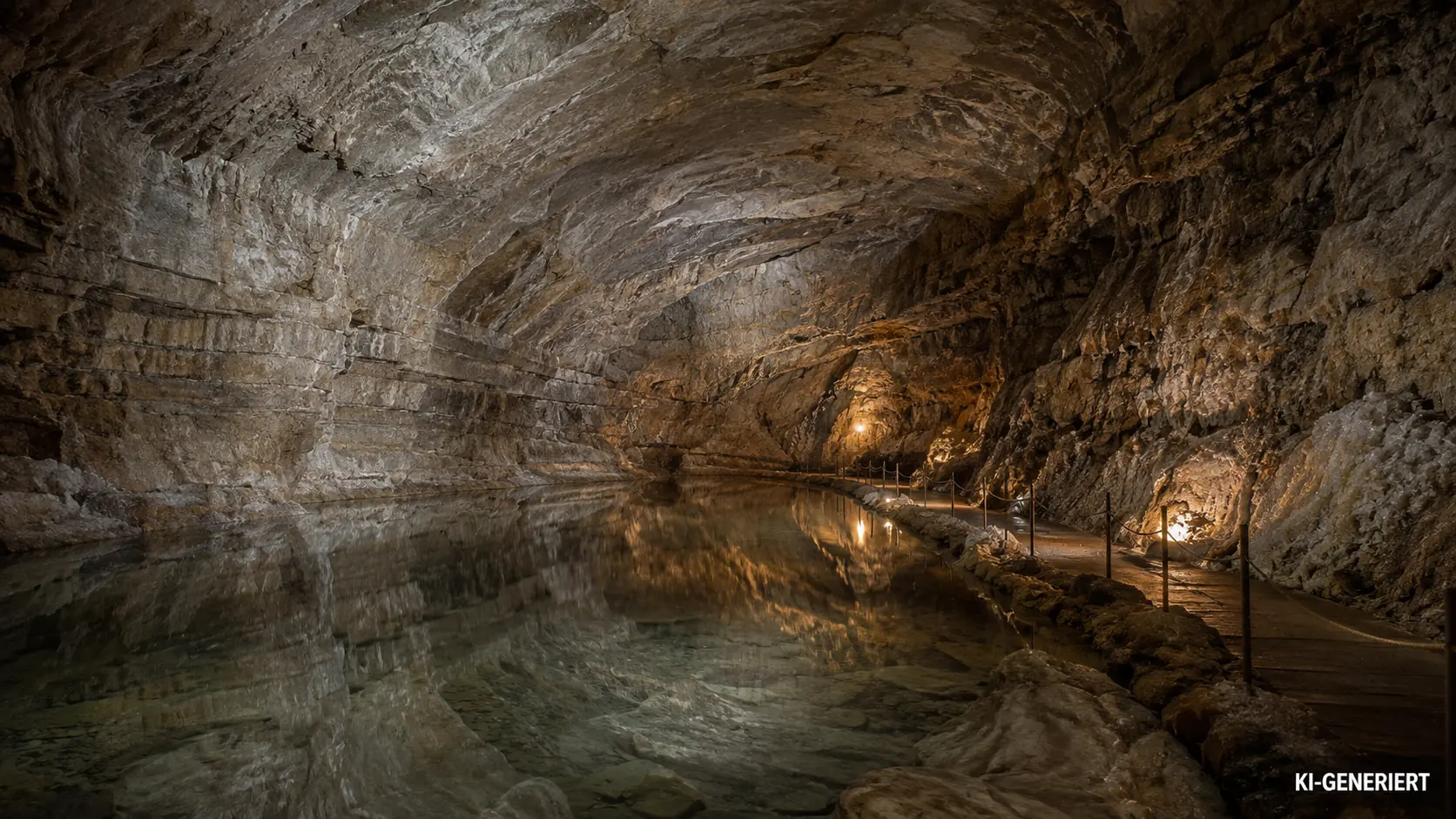 Symbolische Höhlenhalle mit spiegelndem Wasser, beleuchtetem Fels und einem gesicherten Besucherweg.