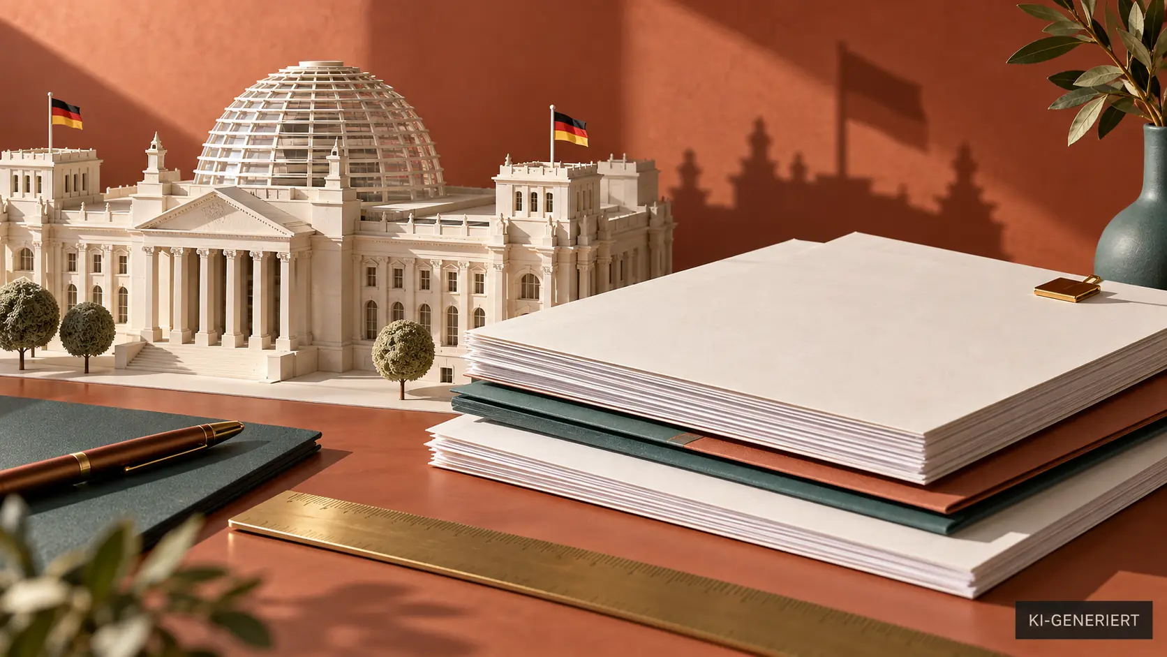 Papiermodell des Bundestags neben einem Stapel Haushaltsunterlagen.
