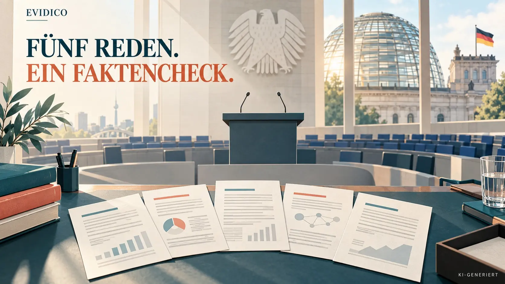 Symbolische KI-Illustration: fünf Redetexte vor einem leeren parlamentarischen Rednerpult, mit Reichstagskuppel im Hintergrund.