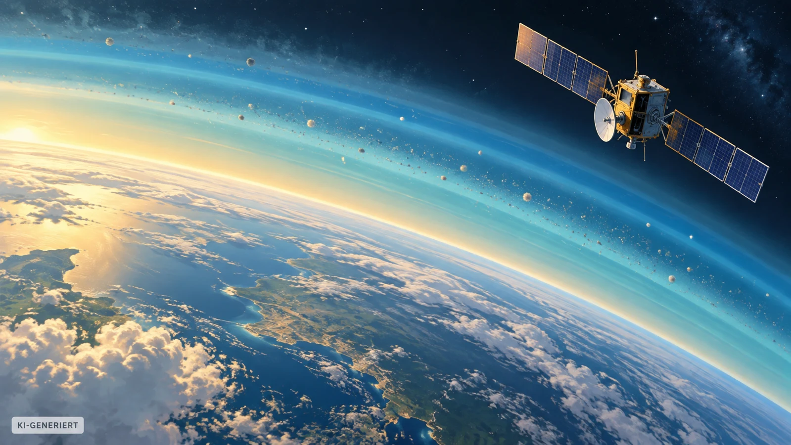 Satellit über dem Erdhorizont mit stilisierten Partikeln in der Atmosphäre.