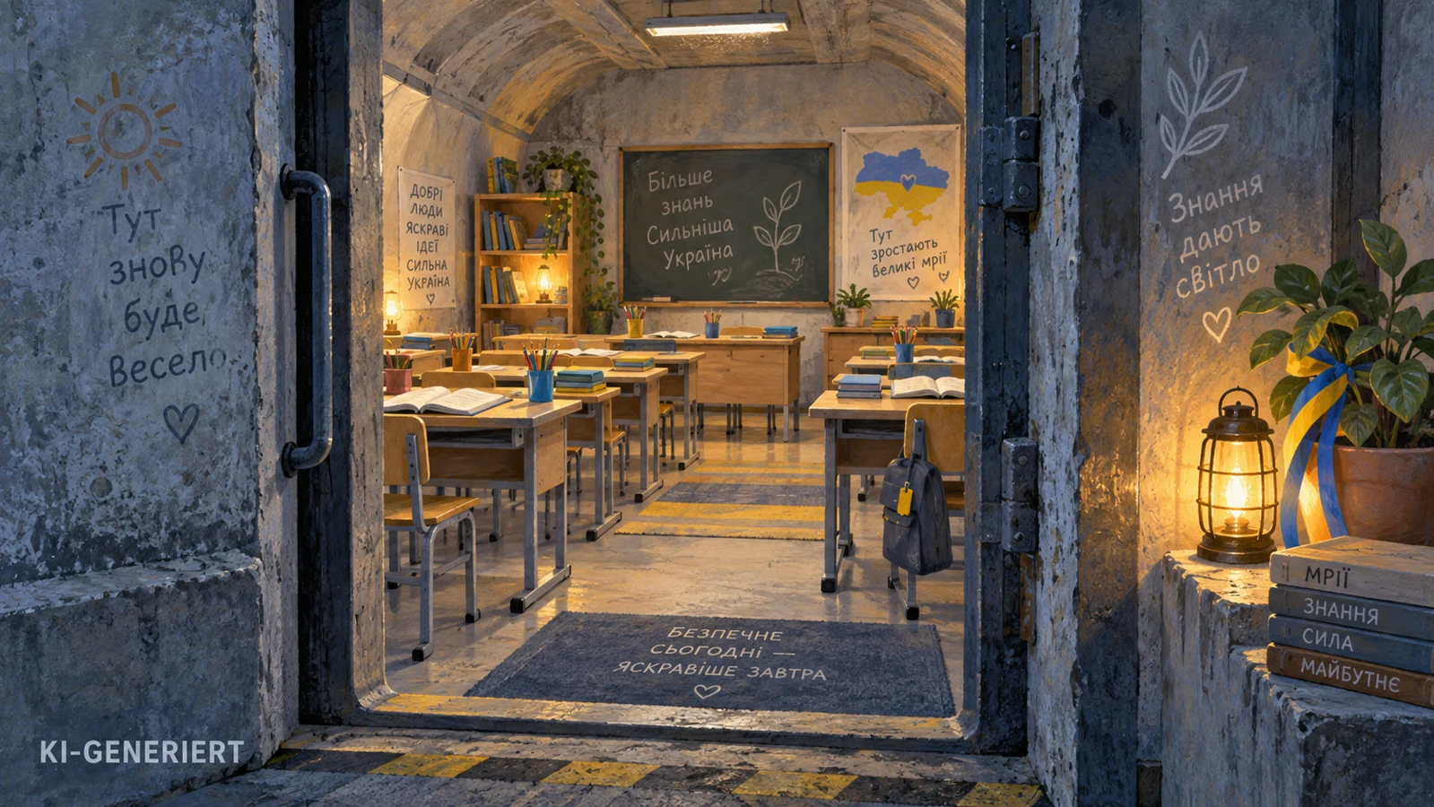 Geschützter Unterrichtsraum mit Schultischen, Büchern und warmem Licht hinter einer massiven Tür.