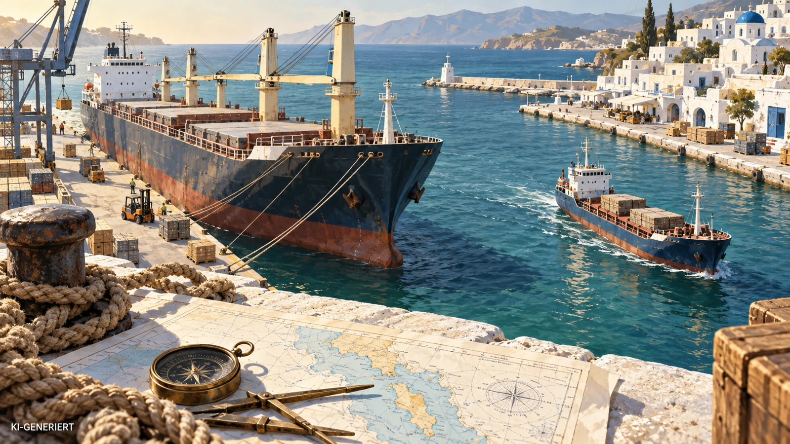 Zwei Handelsschiffe vor einem stilisierten griechischen Hafen und einer Seekarte.