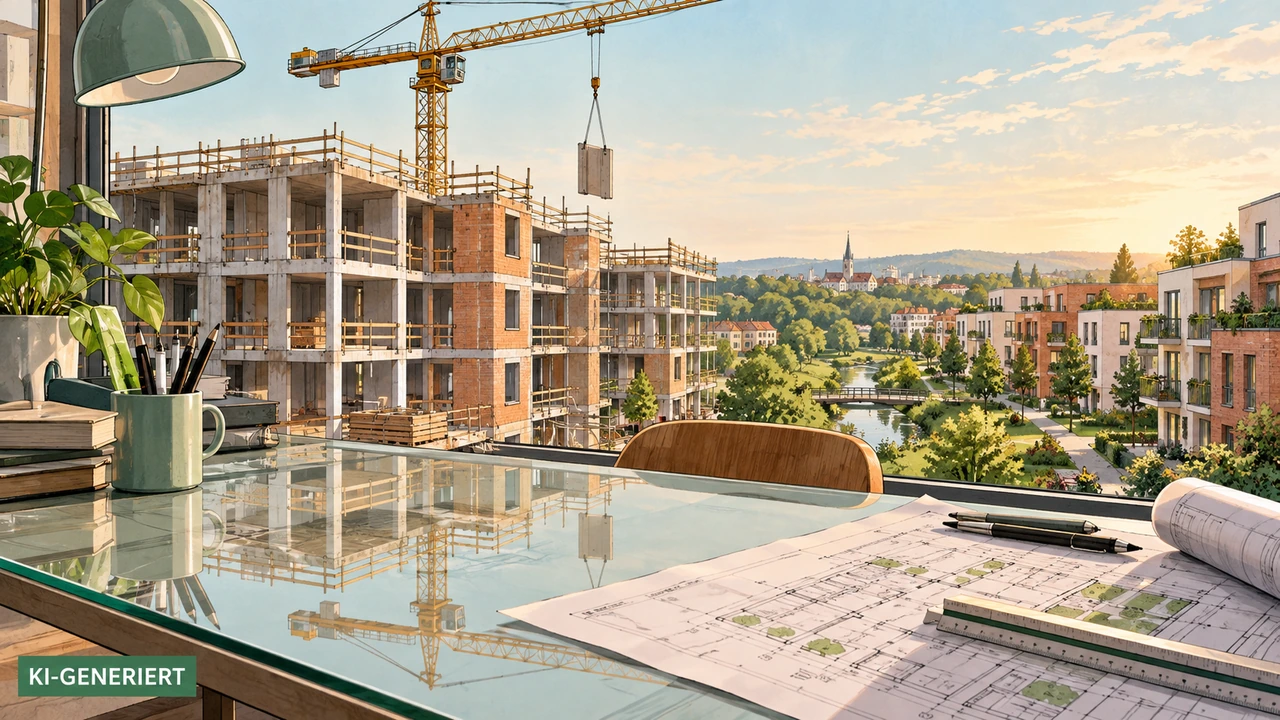 KI-generiertes Symbolbild: Wohnungsbaustelle mit Kran und Bauplänen im Vordergrund.