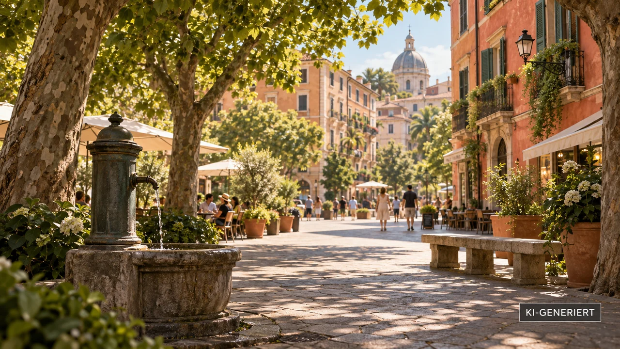 KI-Illustration: Schattiger Stadtplatz mit Bäumen und Trinkbrunnen im Sommer.