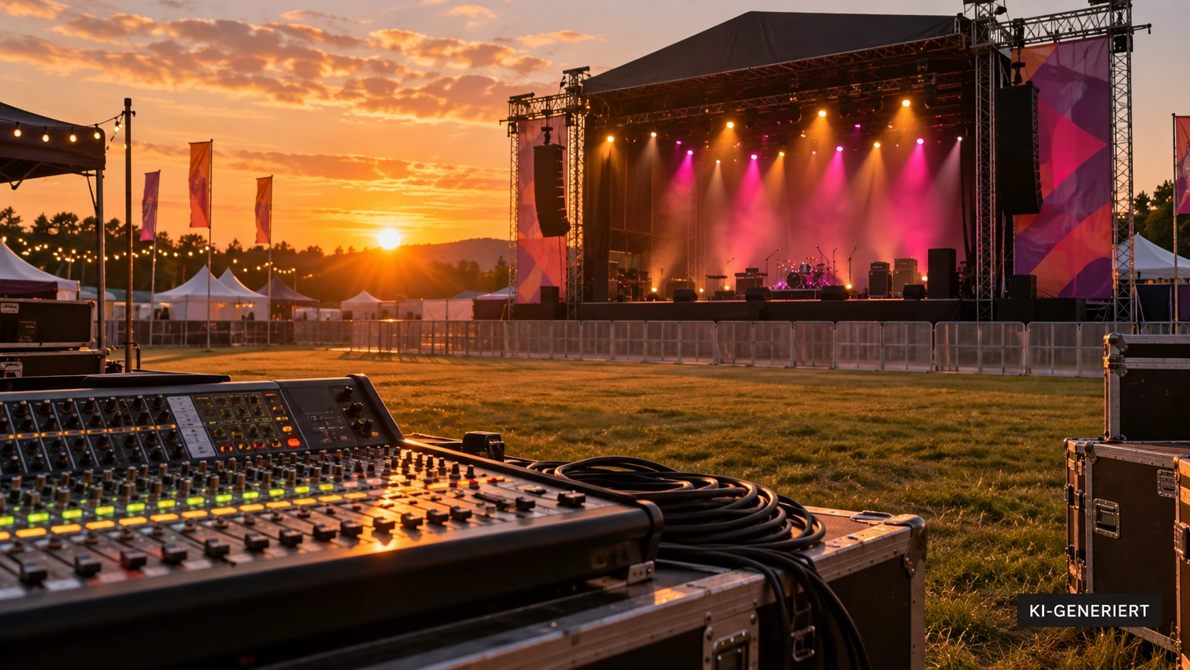 Symbolbild: Festivalbühne und Mischpult bei Sonnenuntergang.