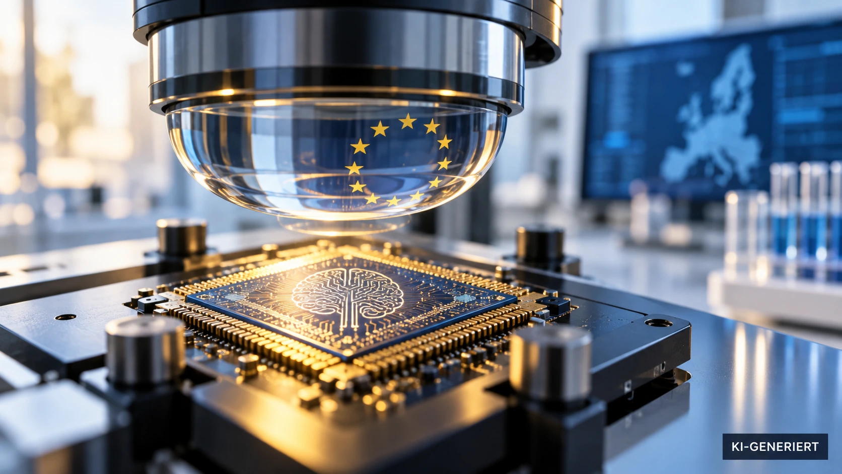 Symbolbild: KI-Chip unter einer Prüflinse mit europäischen Sternen.