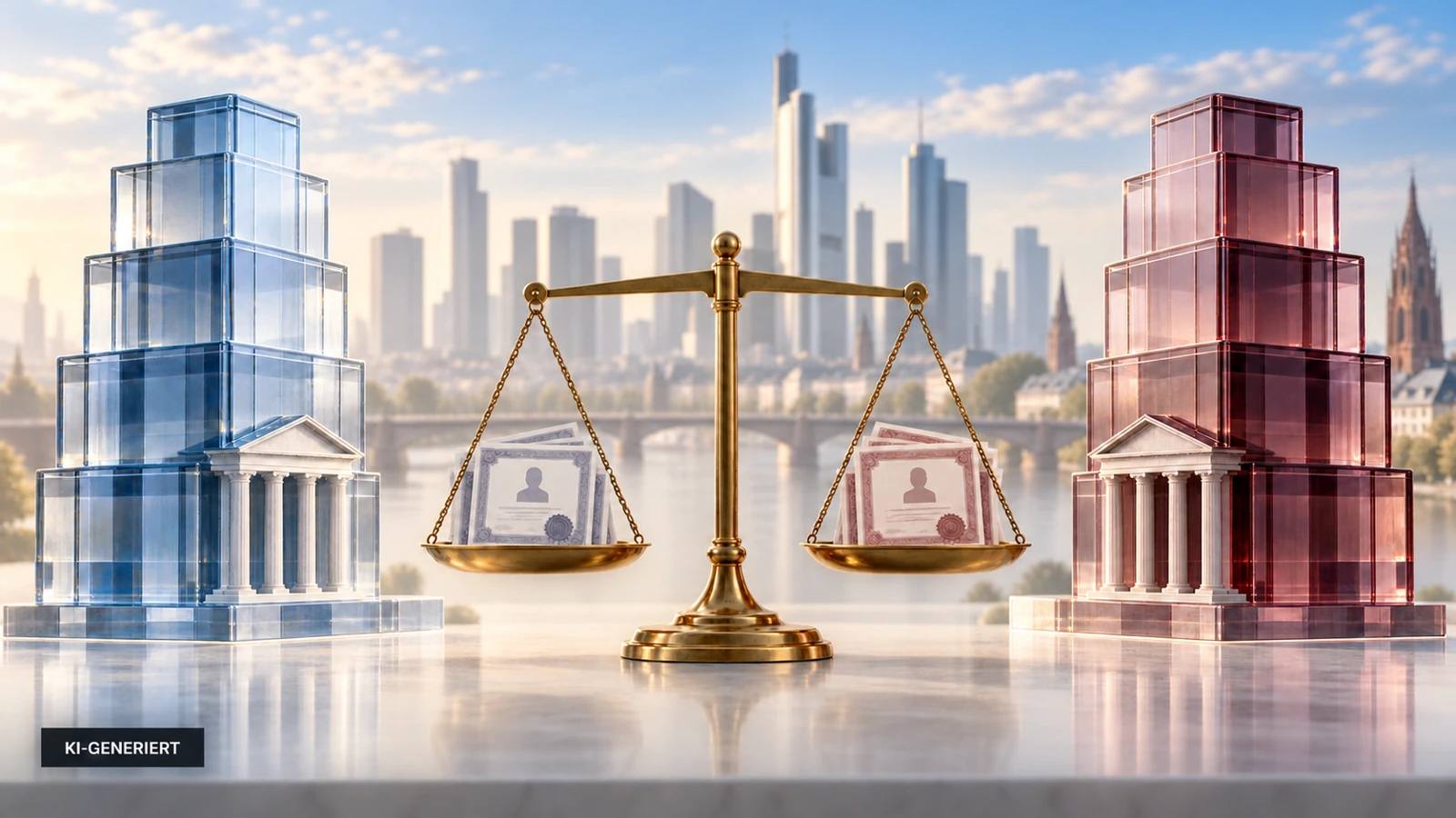 KI-generierte Symbolillustration: zwei Bankmodelle und eine Waage mit Aktionärskarten.