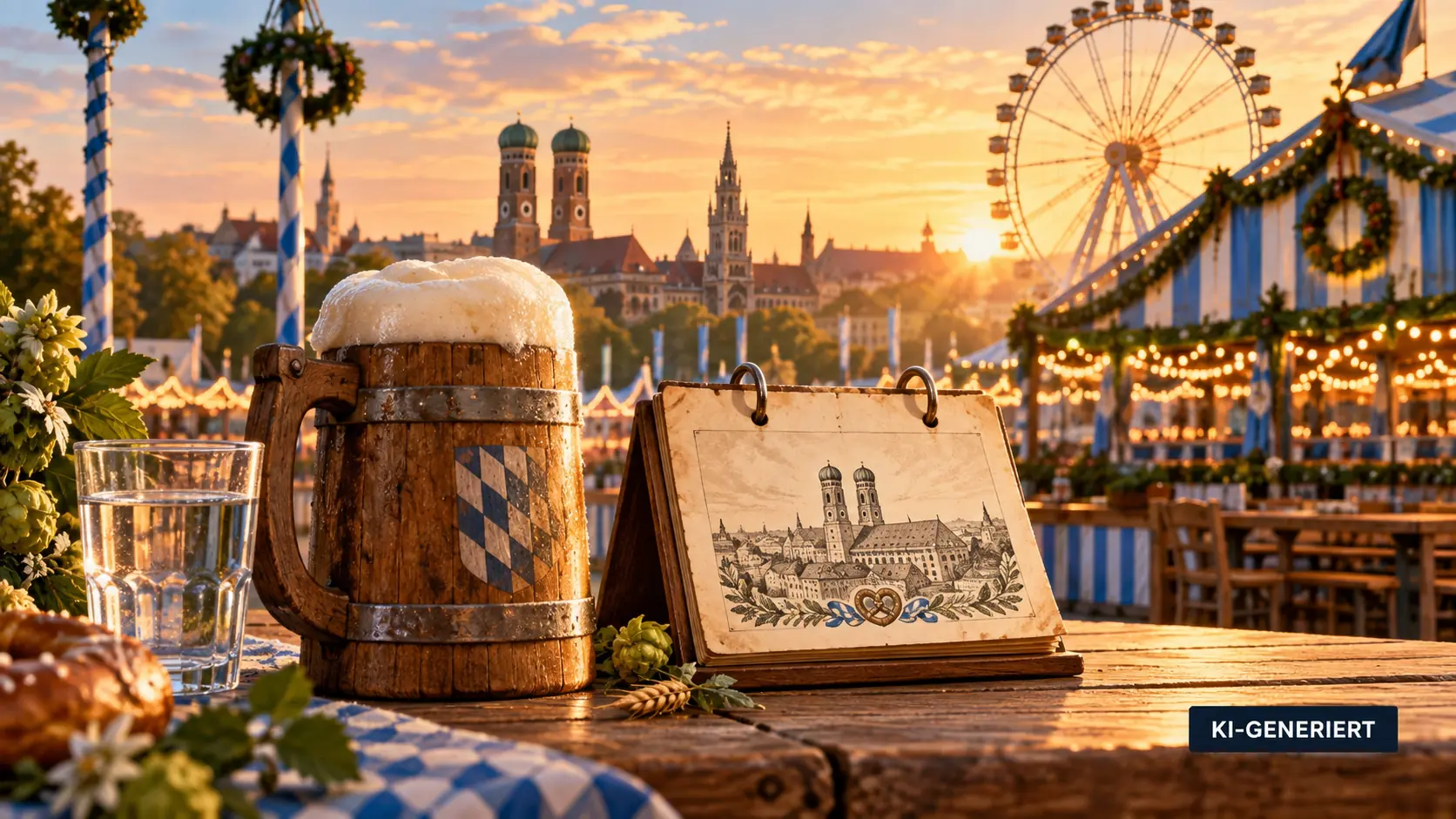 KI-generierte Illustration: Oktoberfest mit Bierkrug, Wasser und historischer Hochzeitsdarstellung.