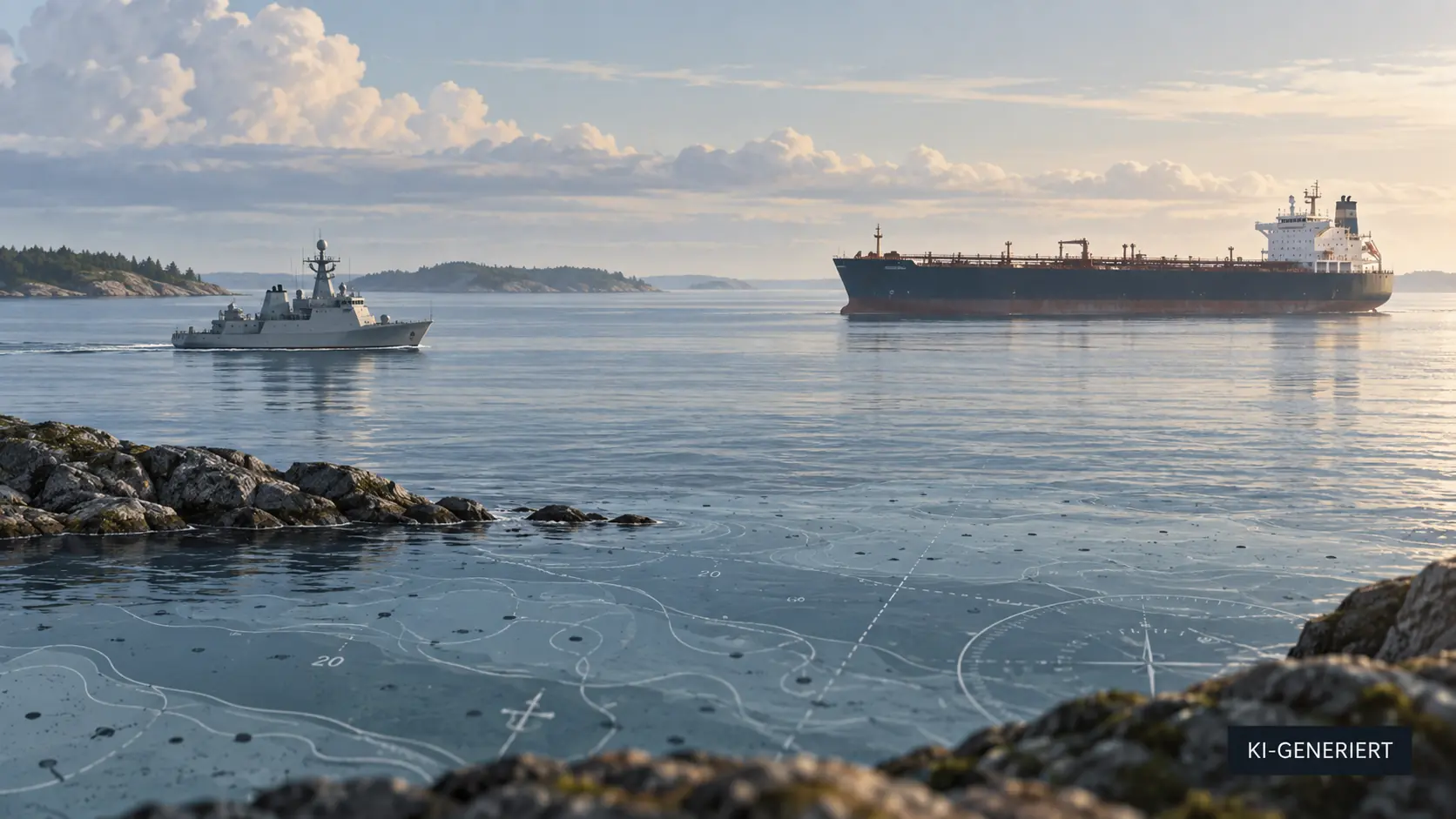 KI-generierte Symbolillustration: Marineschiff und Tanker vor einer nordischen Küste.