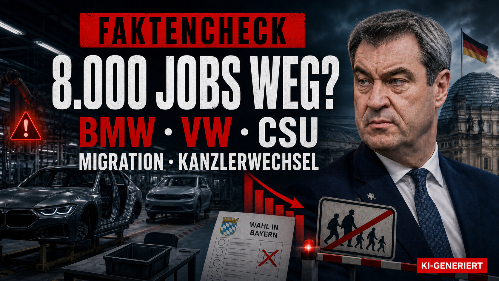 KI-generierte Evidico-Illustration zum Faktencheck über Markus Söder, Autoindustrie, CSU-Wahlergebnis, Migration und Kanzlerwechsel
