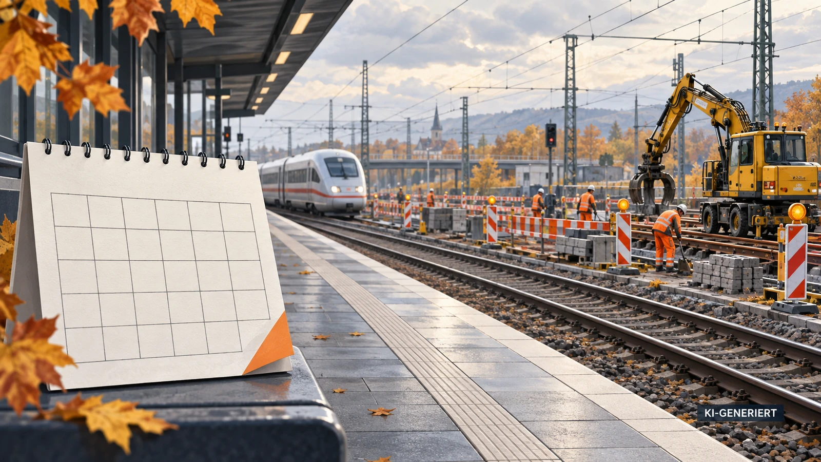 KI-Illustration eines herbstlichen Bahnsteigs mit Gleisbauarbeiten und symbolischem Kalender ohne Datumsangaben.