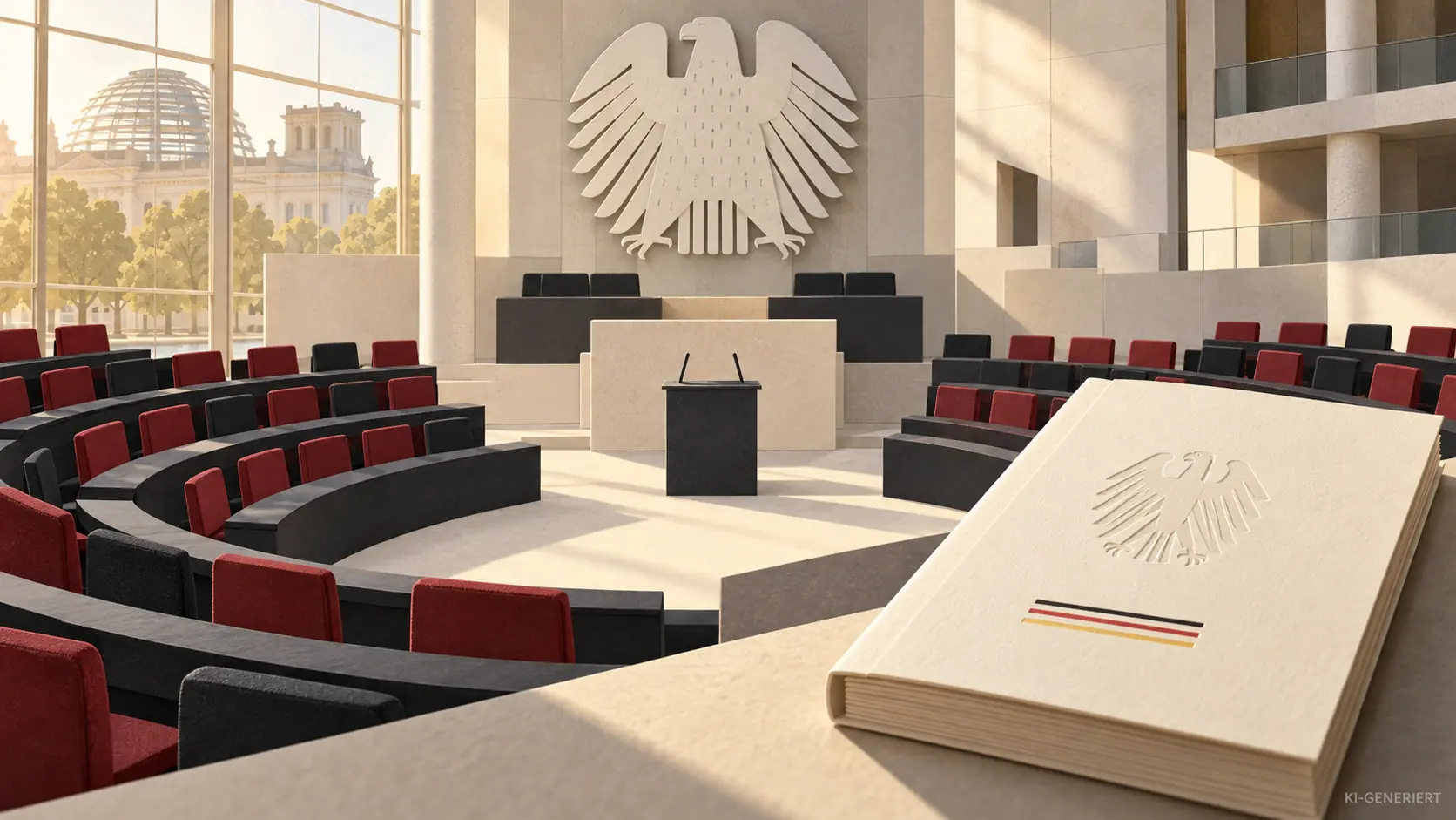 KI-generierte Papierillustration eines Parlaments mit roten und schwarzen Sitzen sowie einem Verfassungsbuch.