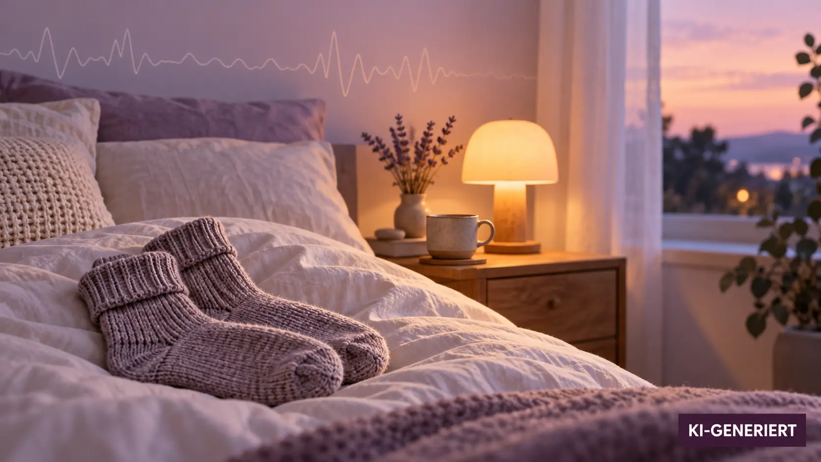 KI-generierte Illustration: warme Socken, Bett und gedämpfte Lampe mit schematischer Schlafkurve.