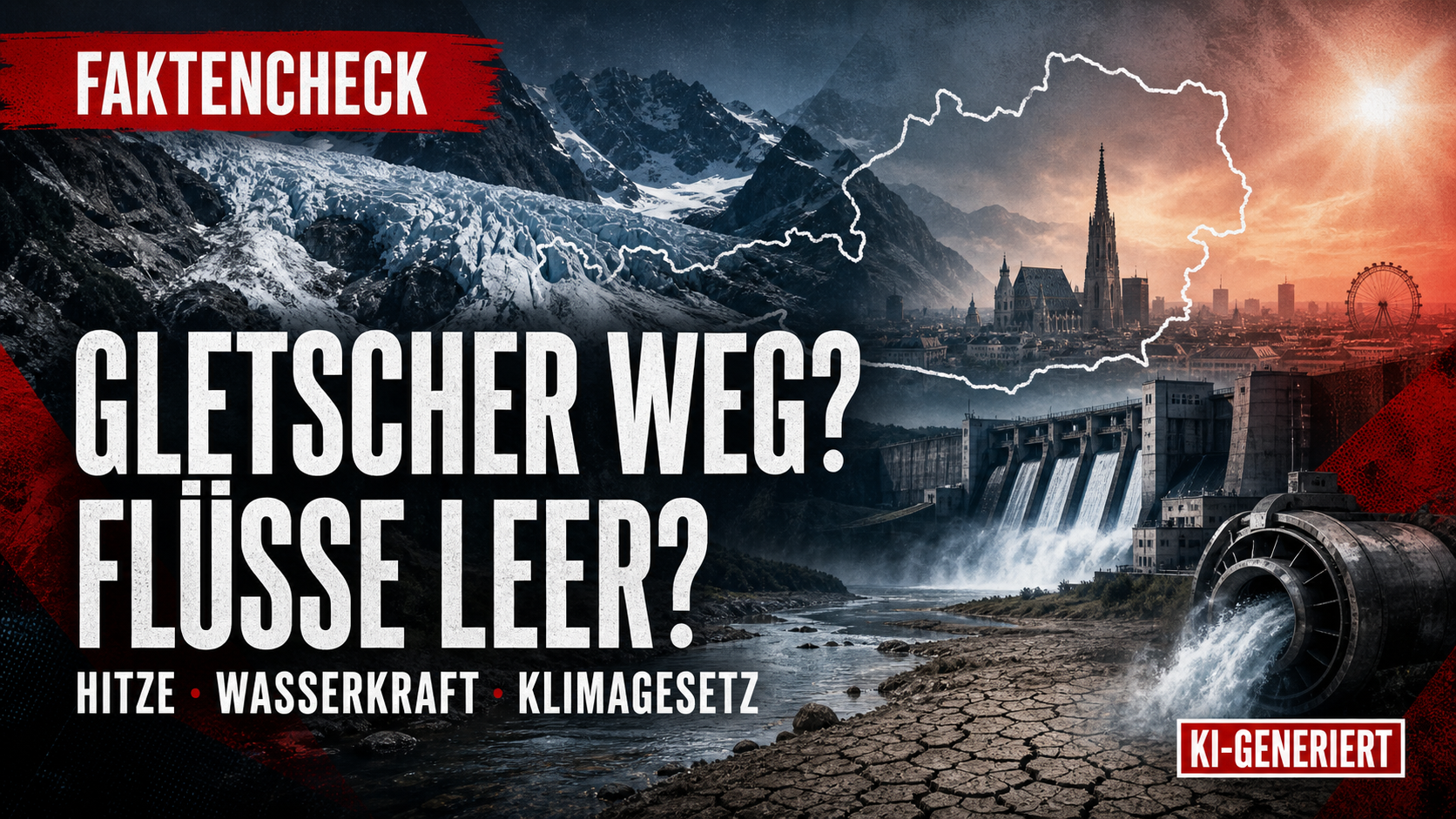 KI-generierte Evidico-Illustration zum Faktencheck über Österreichs Gletscher, Flüsse, Wasserkraft und Klimagesetz