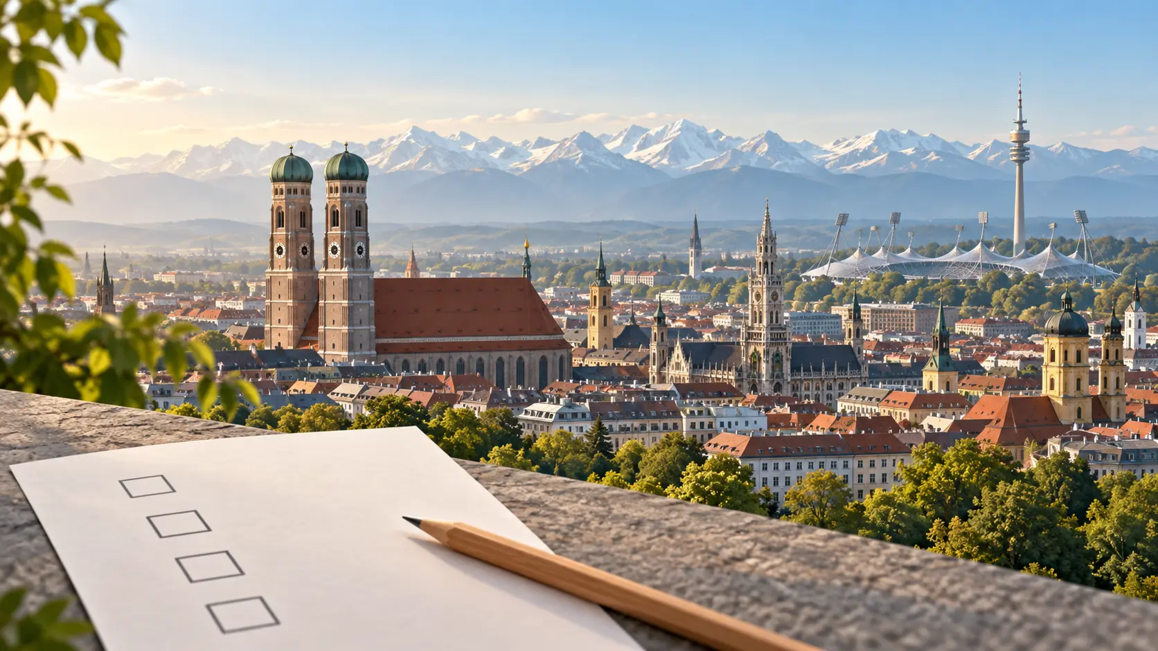 Redaktionelle Illustration einer Münchner Stadtansicht mit symbolischem Stimmzettel zur Olympiabewerbung.