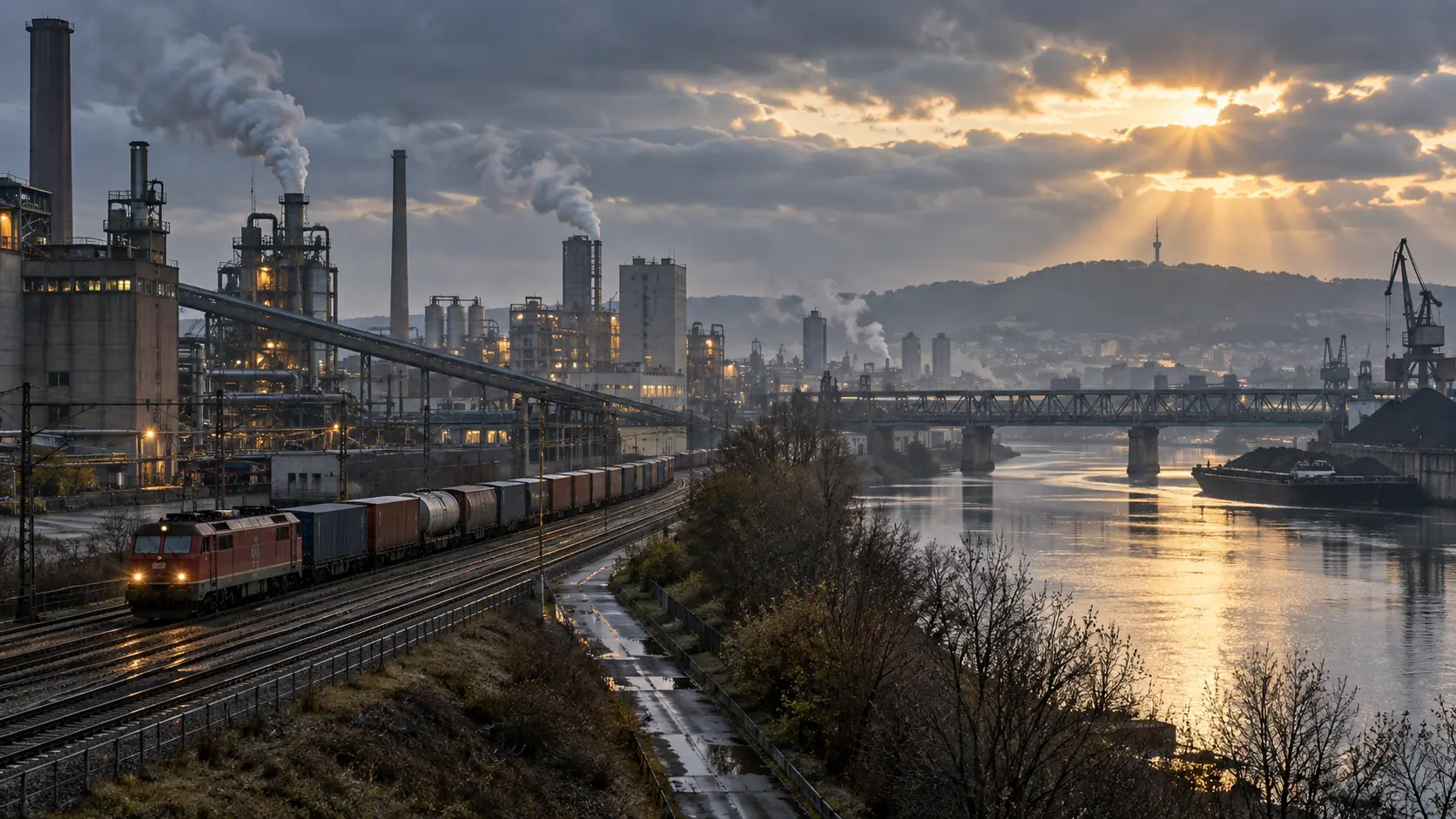 Redaktionelle Illustration einer Fabrik im Morgenlicht als Symbol für Konjunktur und Industrie.