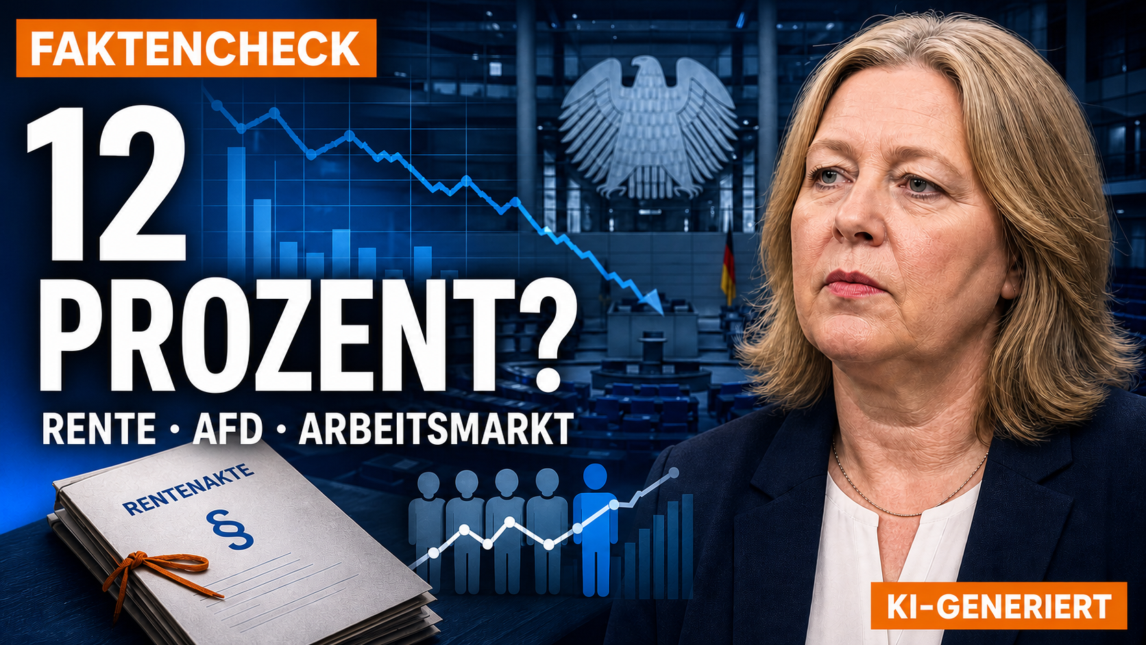 KI-generierte Evidico-Illustration zu Bärbel Bas, SPD, Rente, Arbeitsmarkt und AfD; im Bild sichtbar mit KI-GENERIERT gekennzeichnet