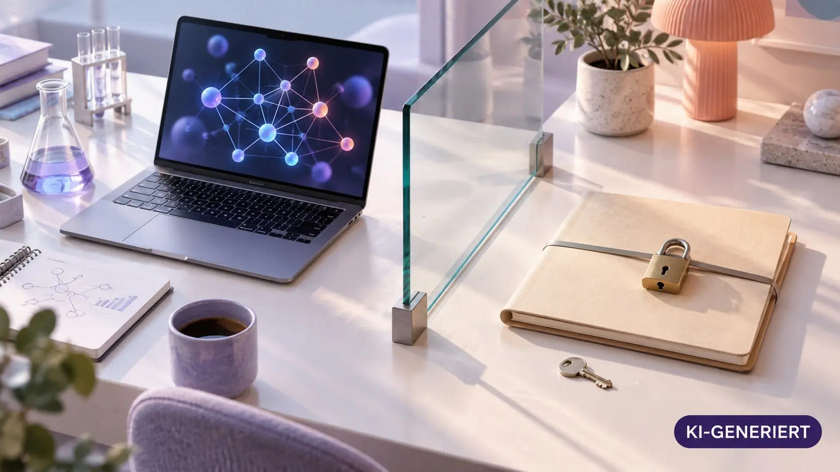 KI-generierte Symbolillustration: Laptop hinter Glas und verschlossene Dokumentenmappe.