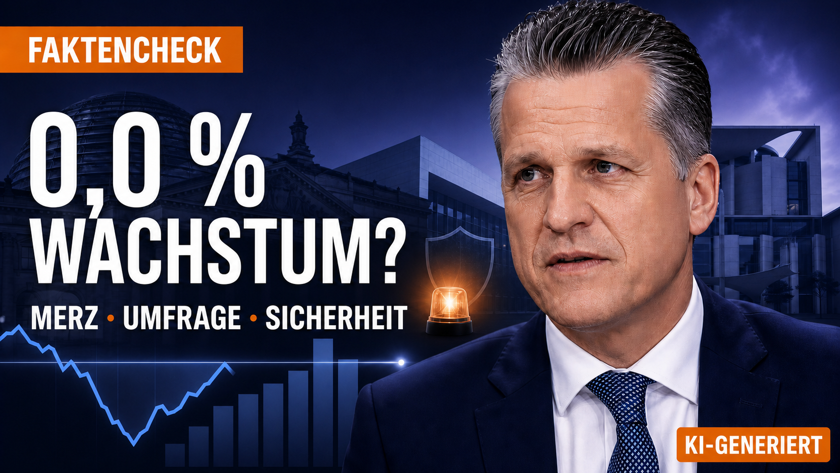 KI-generierte Evidico-Illustration zum Faktencheck über Thorsten Frei, 0,0 Prozent Wachstum, Umfragen und Sicherheit; im Bild steht sichtbar KI-GENERIERT