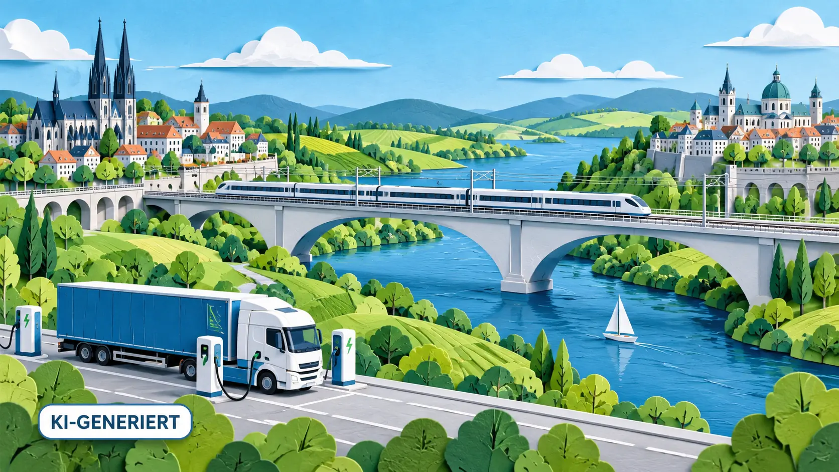 KI-generierte Illustration: Illustration eines europäischen Bahnviadukts und elektrischer Lastwagen.