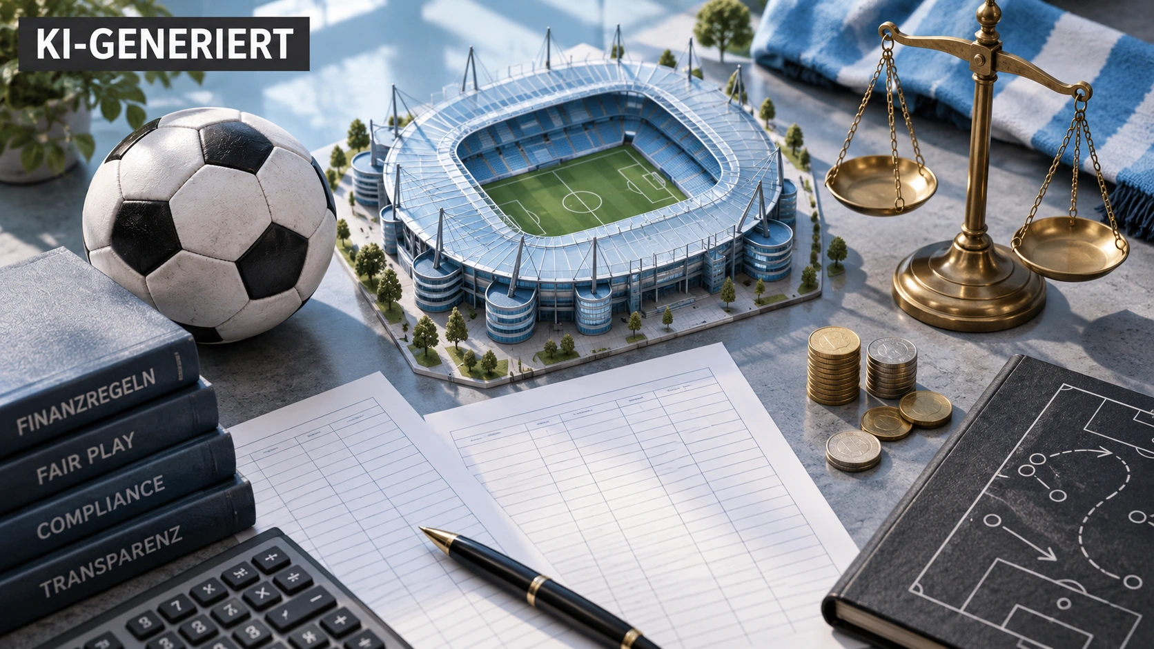 KI-generierte Symbolillustration: Fußball, generisches Stadion, Waage und unbeschriftete Finanzunterlagen.
