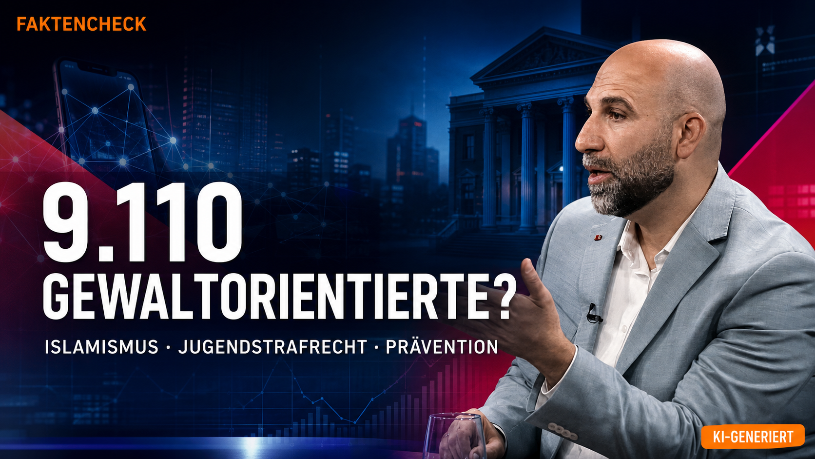 KI-generierte redaktionelle Illustration mit Ahmad Mansour vor Symbolen für Sicherheitsstatistik, Jugendstrafrecht und Prävention sowie der Frage „9.110 Gewaltorientierte?“; im Bild steht sichtbar „KI-GENERIERT“.