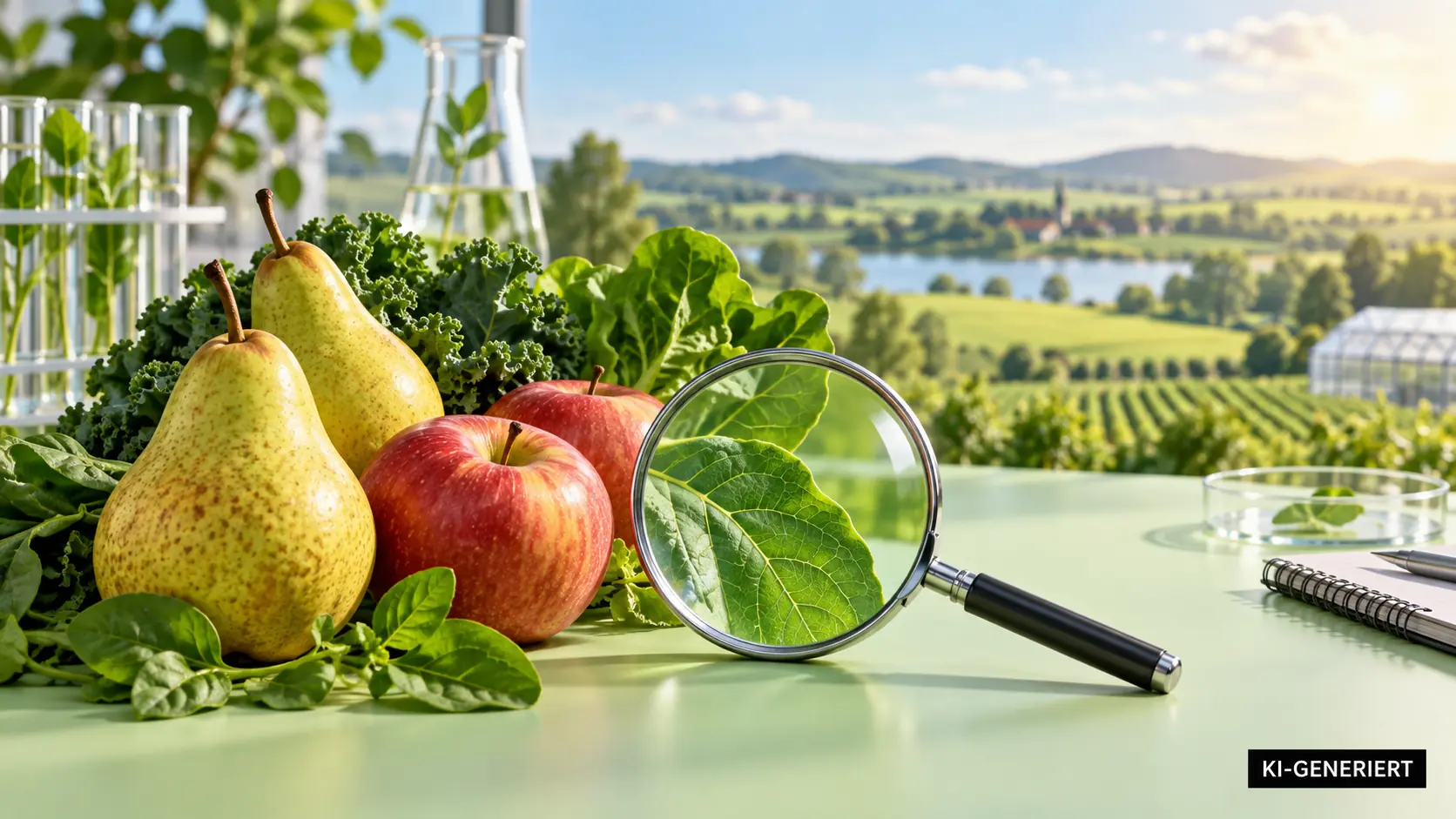 KI-generierte Illustration: Obst und Gemüse neben einer Lupe und Laborgefäßen; kein dokumentarischer Nachweis eines Pestizidfunds.
