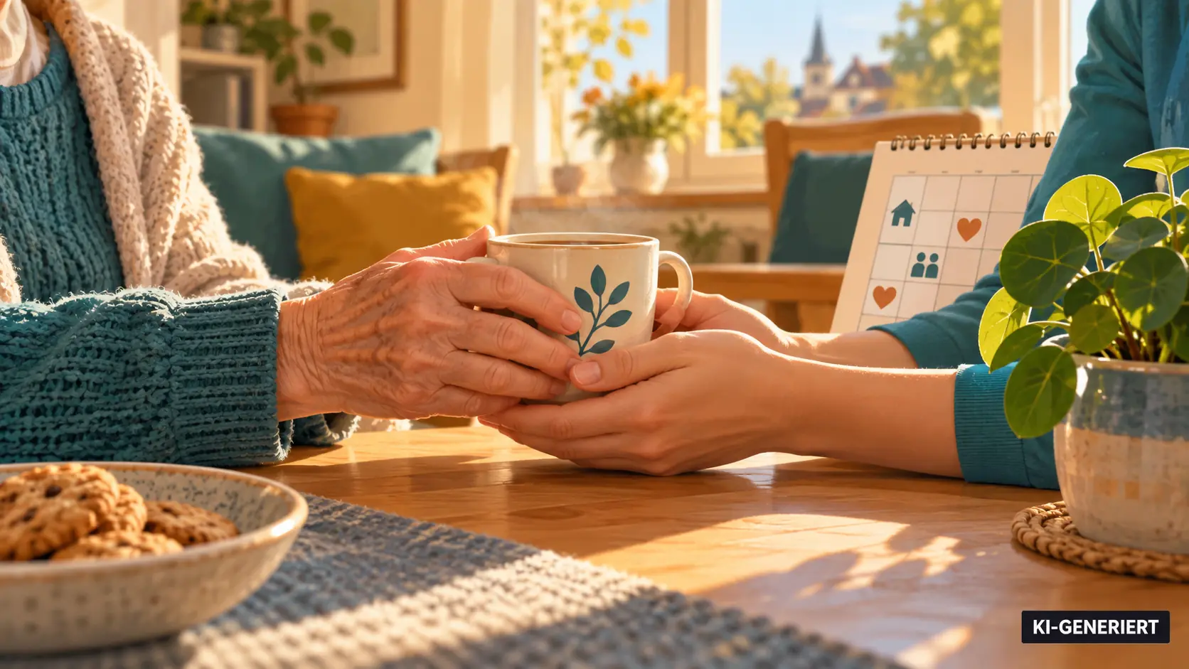 KI-generierte Illustration: Hände reichen zuhause eine Tasse; keine reale Pflegeperson oder dokumentierte Betreuungssituation.
