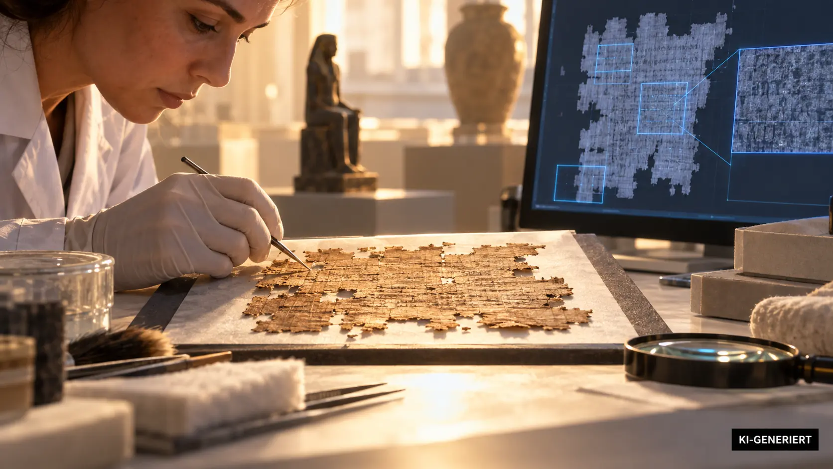 KI-generierte Illustration: Konservierung eines Papyrusfragments mit symbolischer digitaler Analyse; kein echtes Forschungsobjekt.