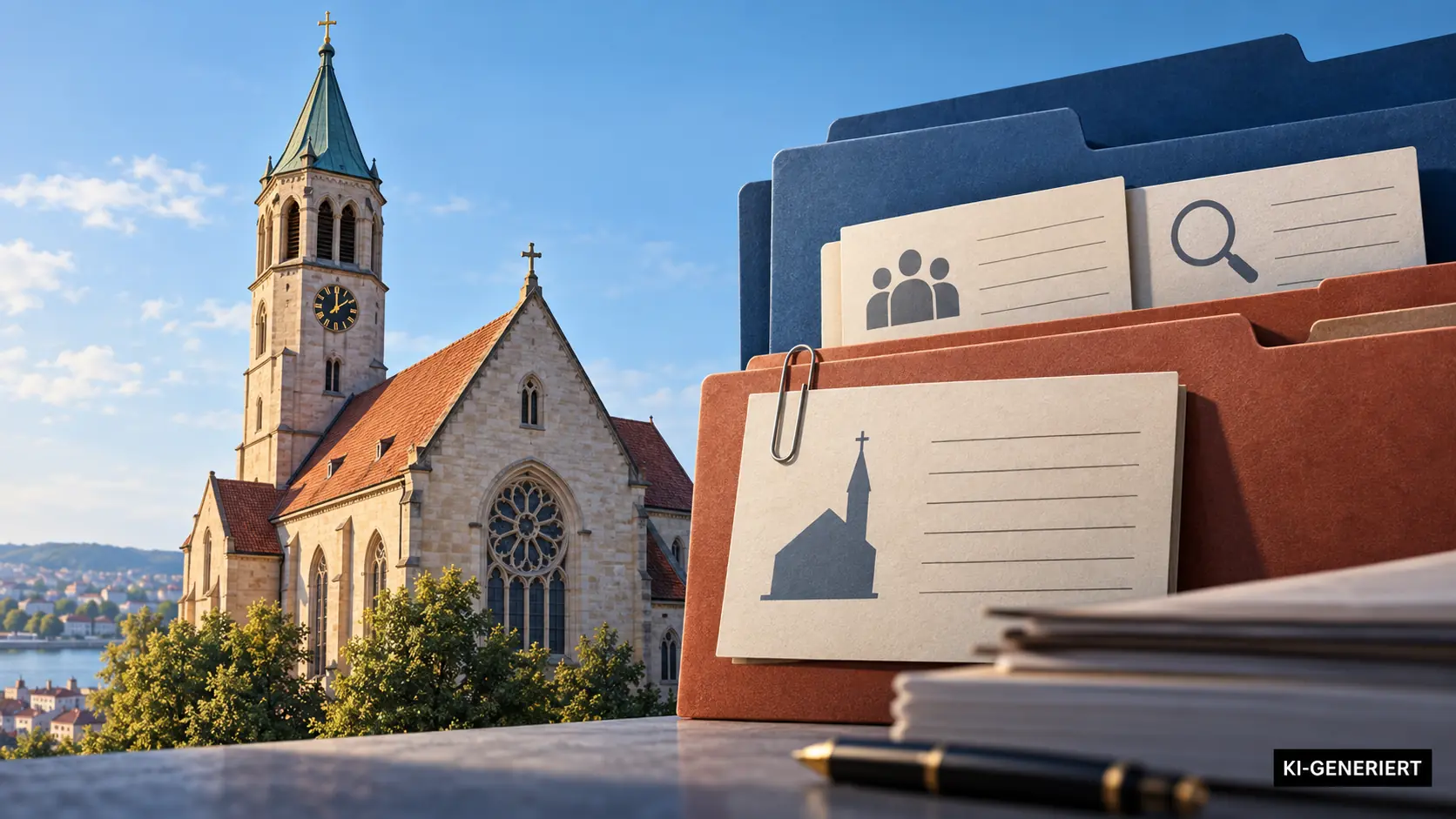 KI-generierte Illustration: Kirche und Fallakten als Symbol für die Prüfung von Ereignis und Motiv; keine Abbildung einer konkreten Tat.