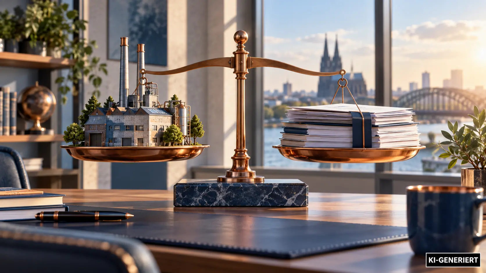 Waage mit Fabrikmodell und Papierstapeln vor einer Stadtsilhouette.